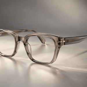 Premium crystal smoke acetate optical frame glasses with transparent rectangular design, photographed for Eyvron eyewear collection.